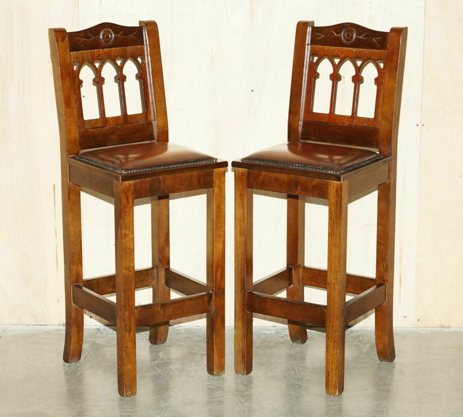Vintage Pair Of Fully Restored Brown Leather Arts & Crafts Kitchen Bar Stools
