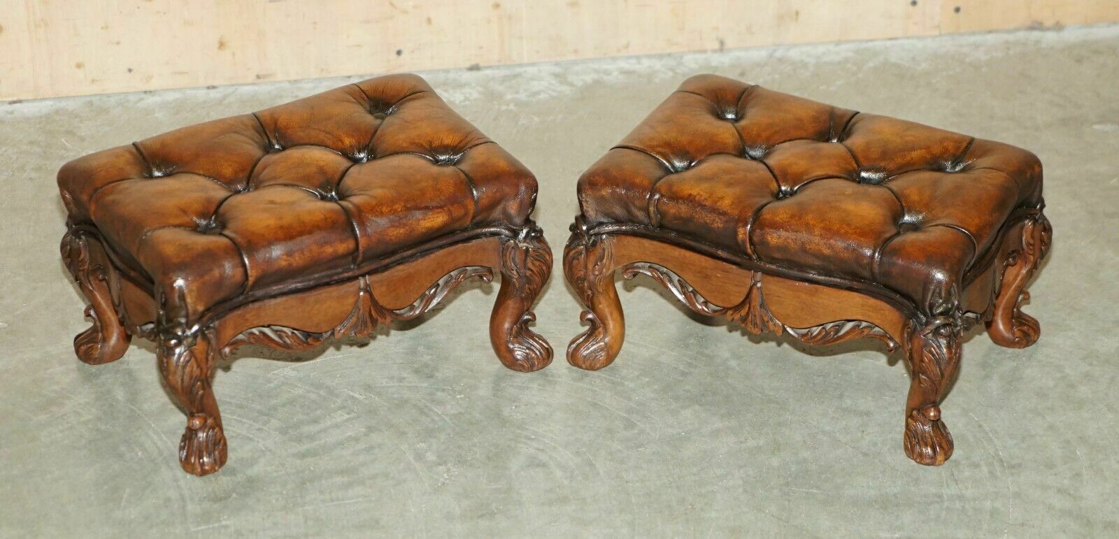 Fine Pair Of Ornate Hand Carved Victorian Brown Leather Chesterfield Footstools photo furniture