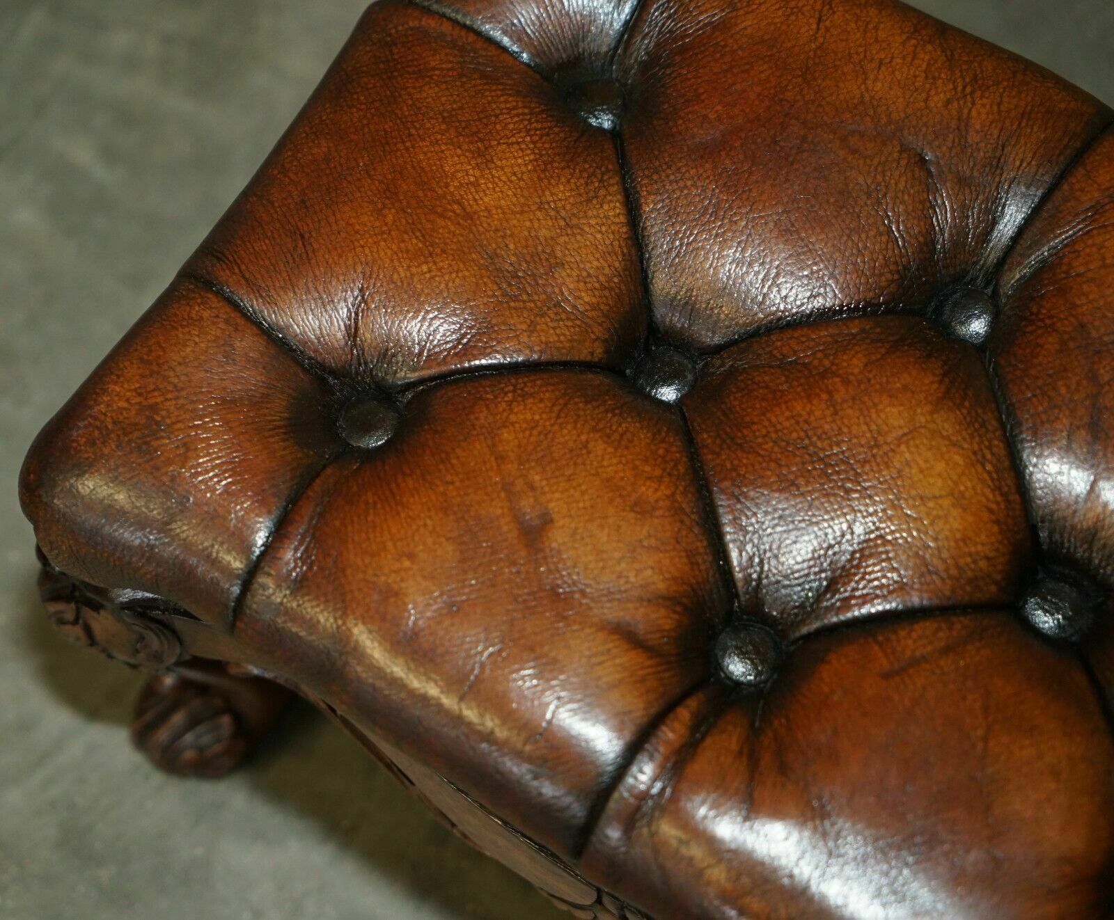 Fine Pair Of Ornate Hand Carved Victorian Brown Leather Chesterfield Footstools photo buy