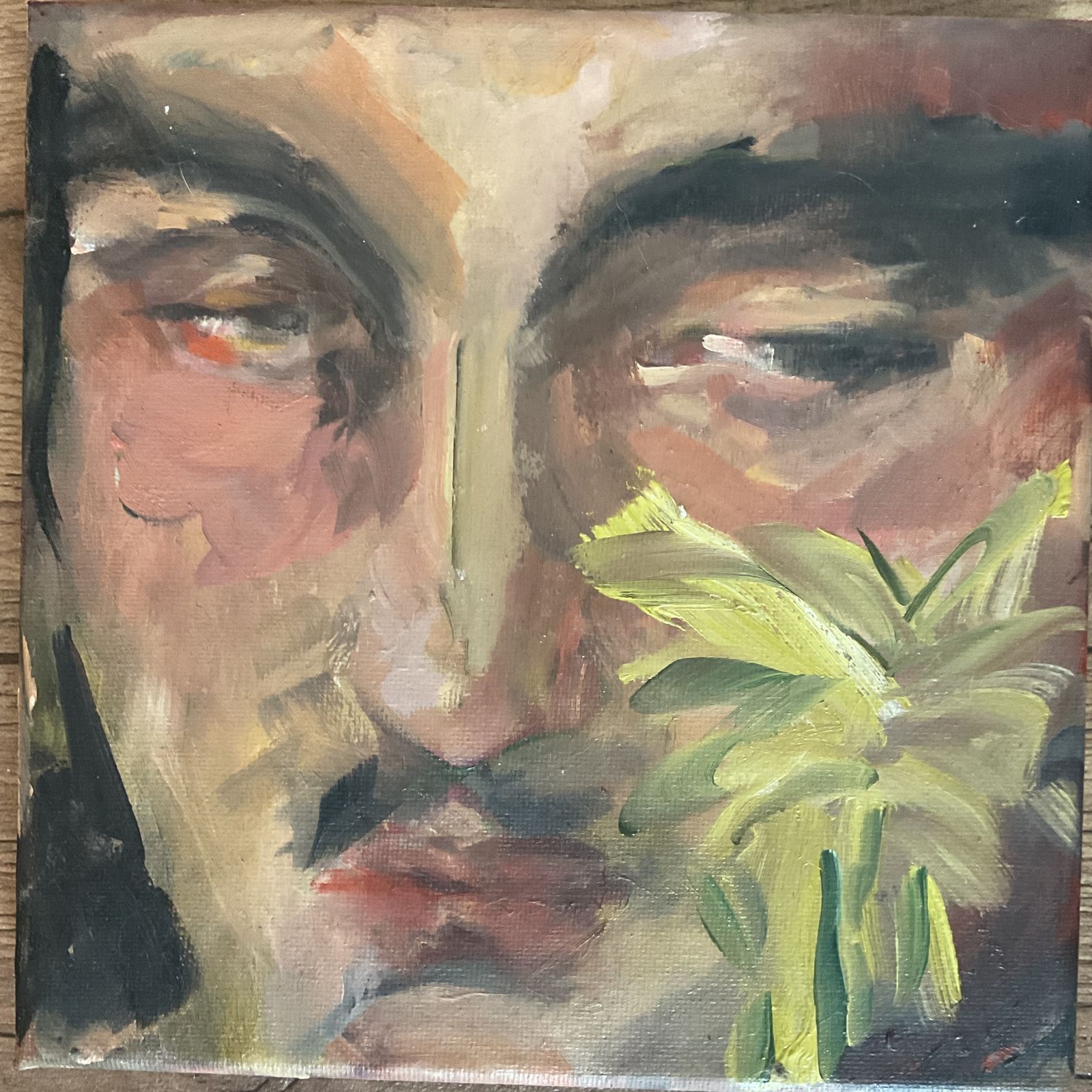 Original Oil Painting Portrait Man And Flower Signed Roth 8 X 8 Inches photo for sale