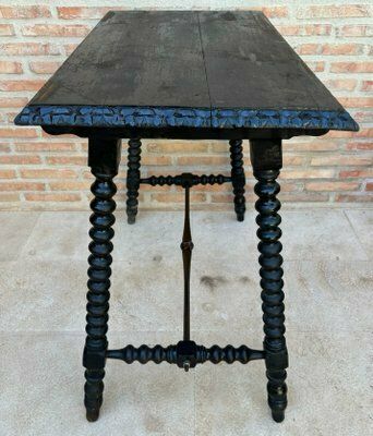 Early 20th Century Spanish Side Table With Turned Legs And Iron Stretcher, 1920s photo vintage