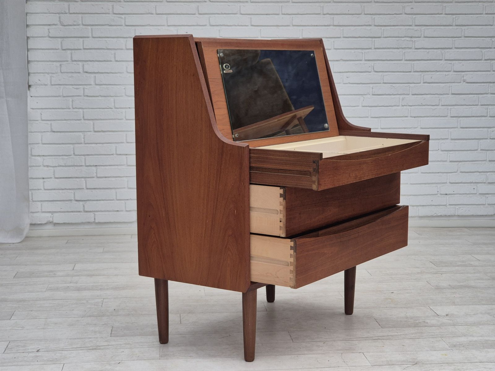 1250.0 1960s, Danish Chest Of Drawers, Original Condition, Foldable Mirror, Solid Teak Wood. photo