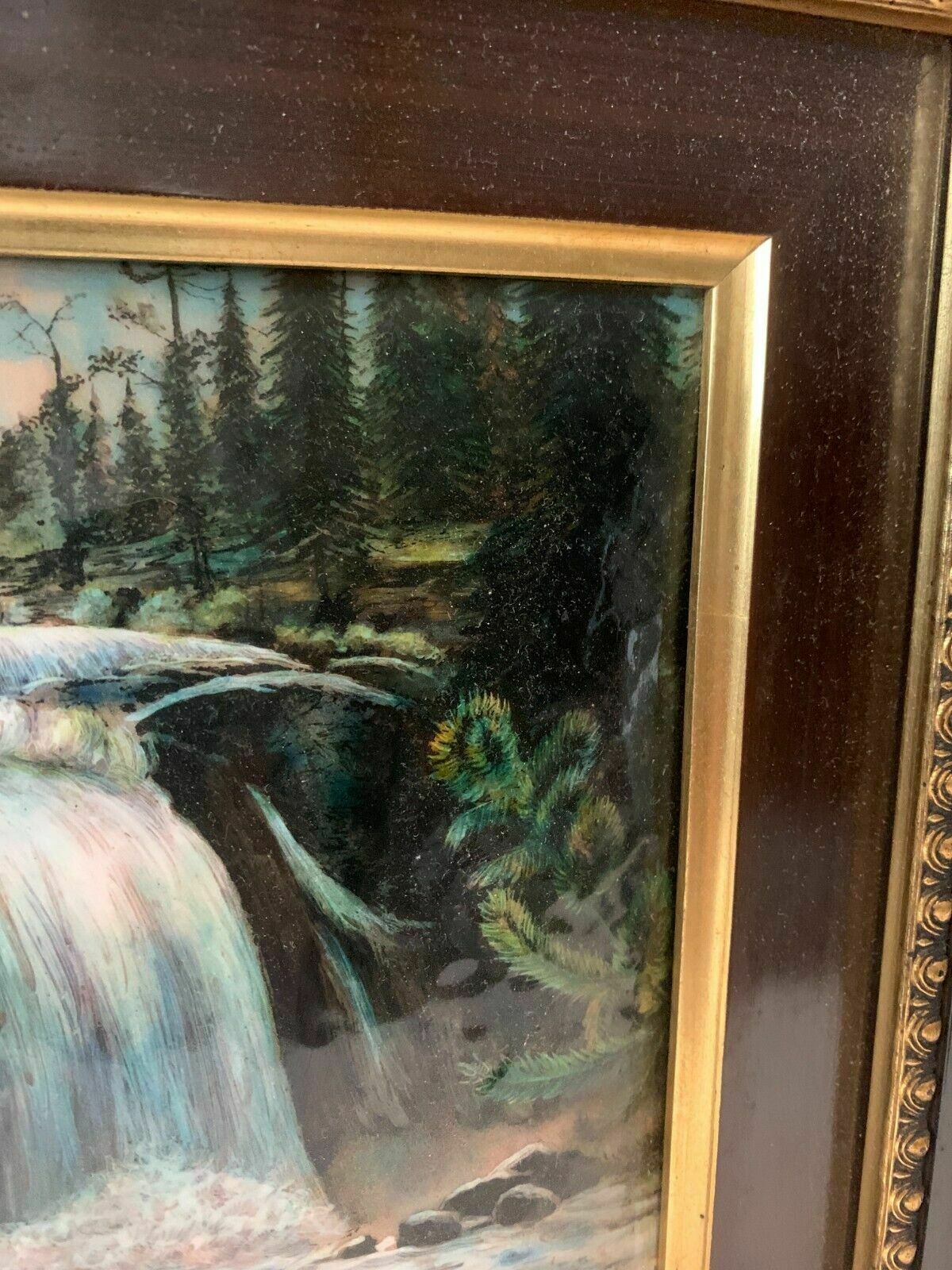 Limoges Enamels In An Ebony Frame "Waterfall In The Mountains" 20th Century photo Art