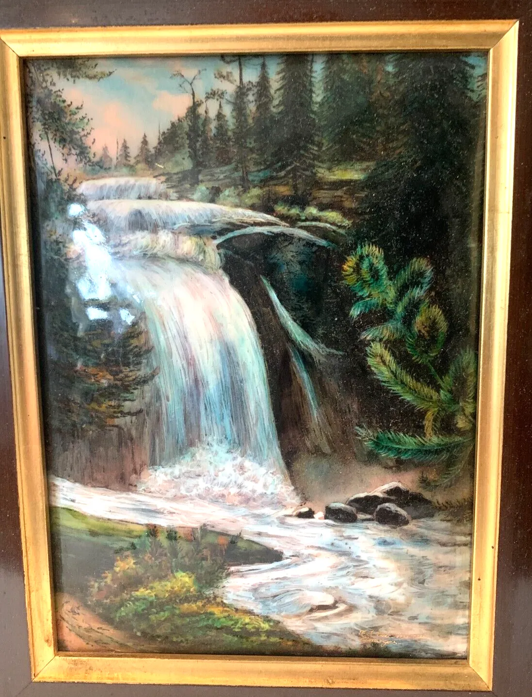 Limoges Enamels In An Ebony Frame "Waterfall In The Mountains" 20th Century photo 192.53