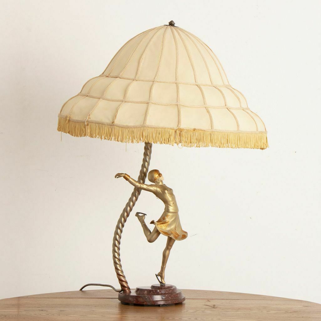Large Art Deco Sculptural Lamp Of A Female Skater On Stepped Marble Base C.1930