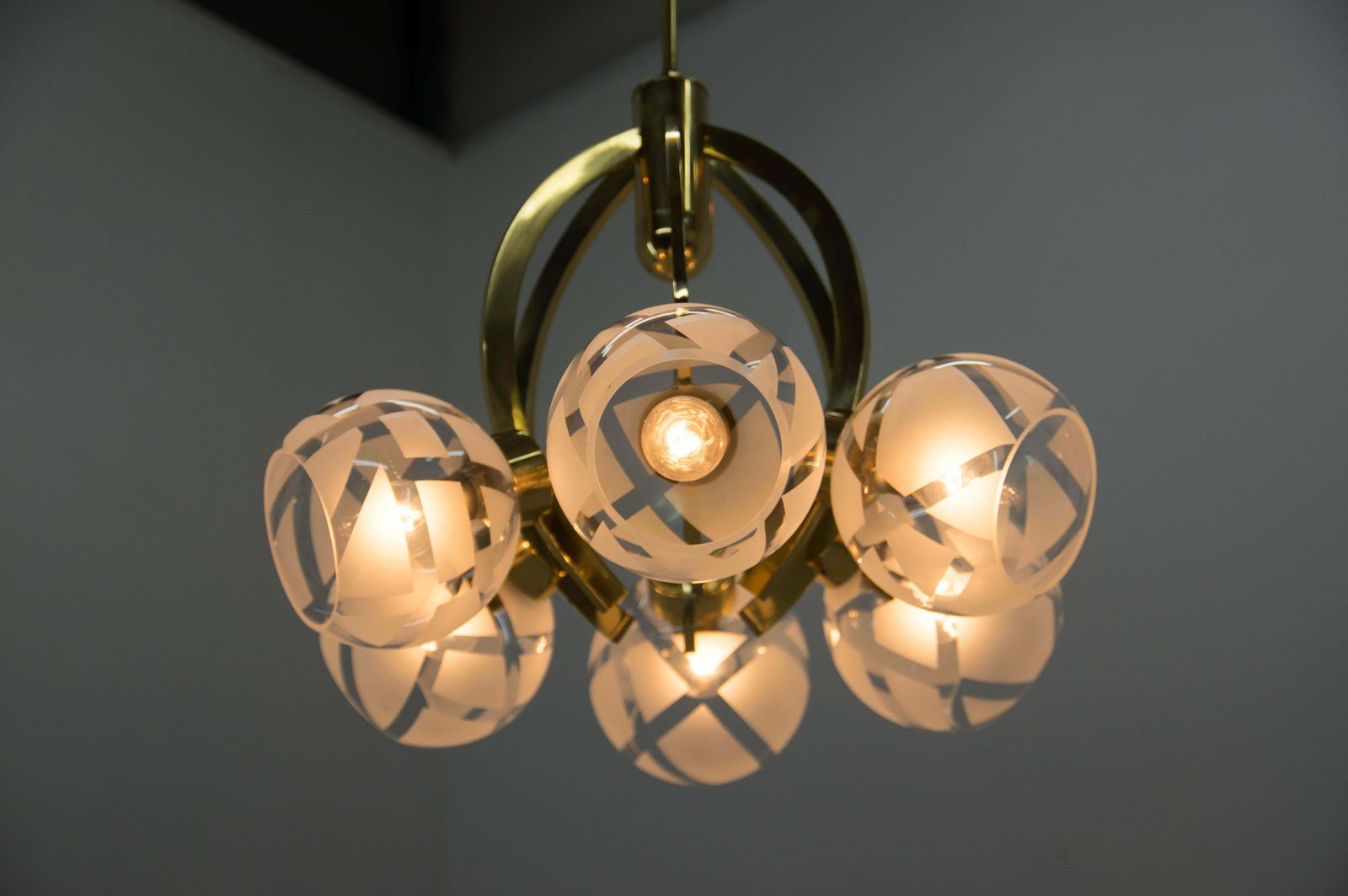 Brass And Glass 6 Flamming Chandelier, 1980s photo Lighting