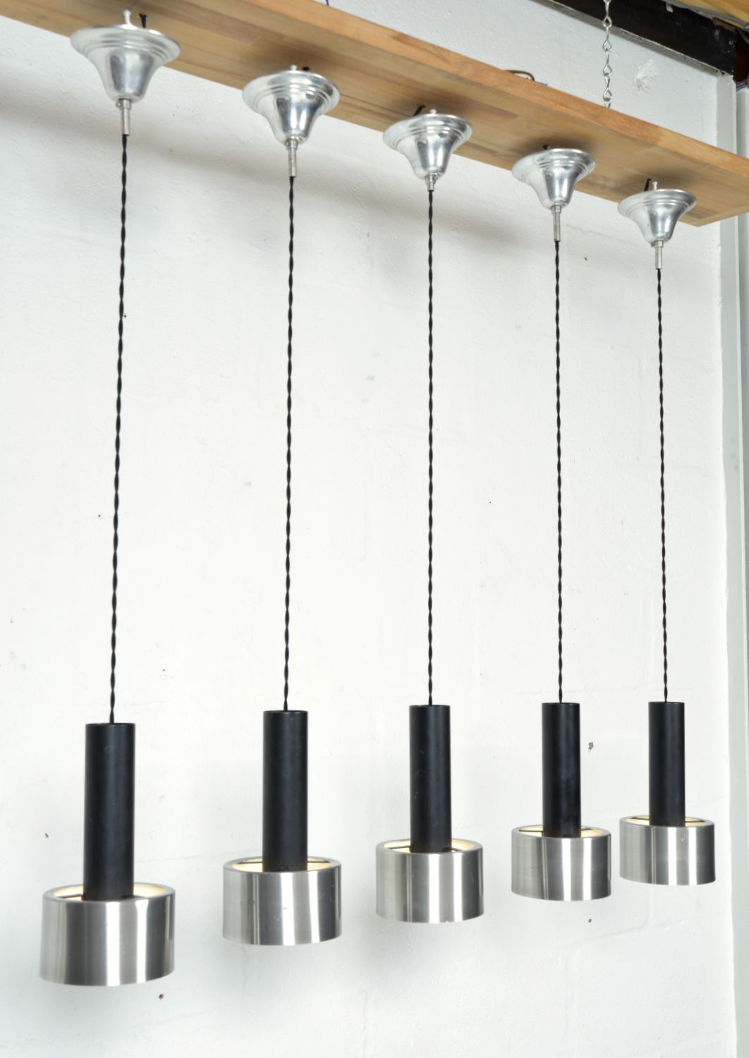 Set Of 5 Midcentury Dutch Pendant Hanging Lights By Nico Kooy For Raak Amsterdam Black Chrome photo for sale