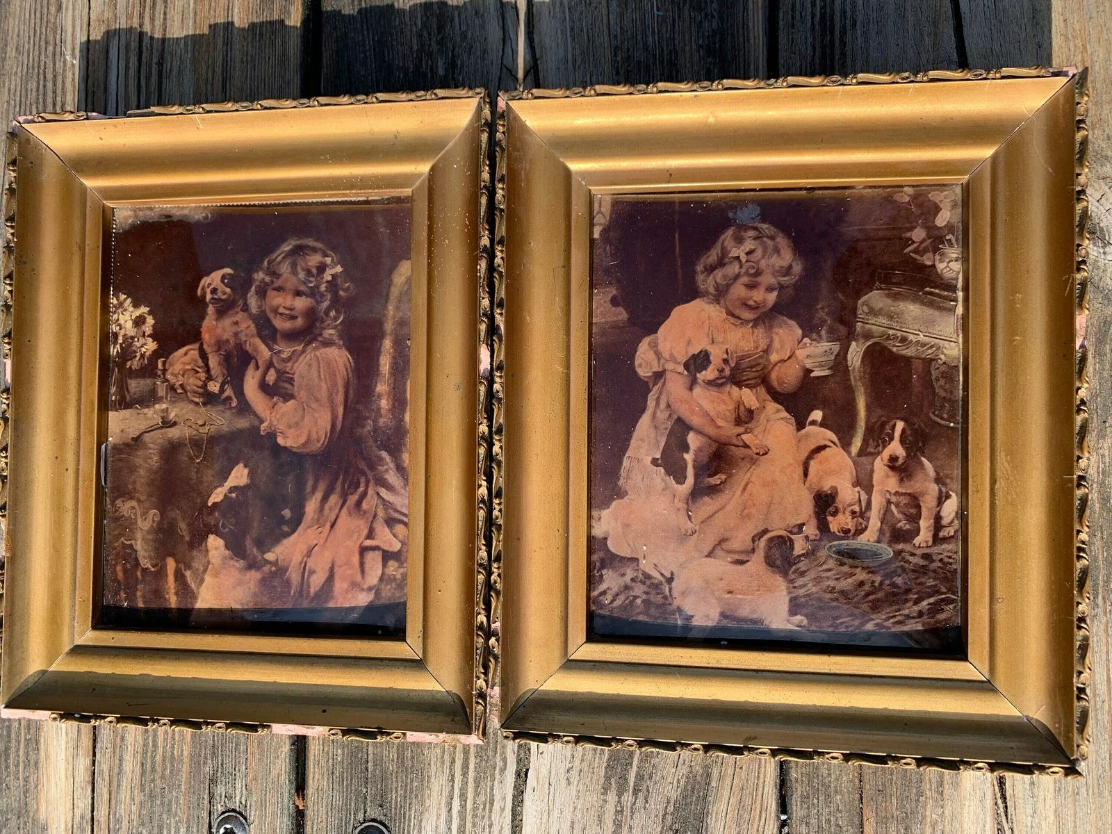 Pair Of Victorian Antique Crystoleum Pictures Of A Young Girl With Her Pet Dogs photo furniture