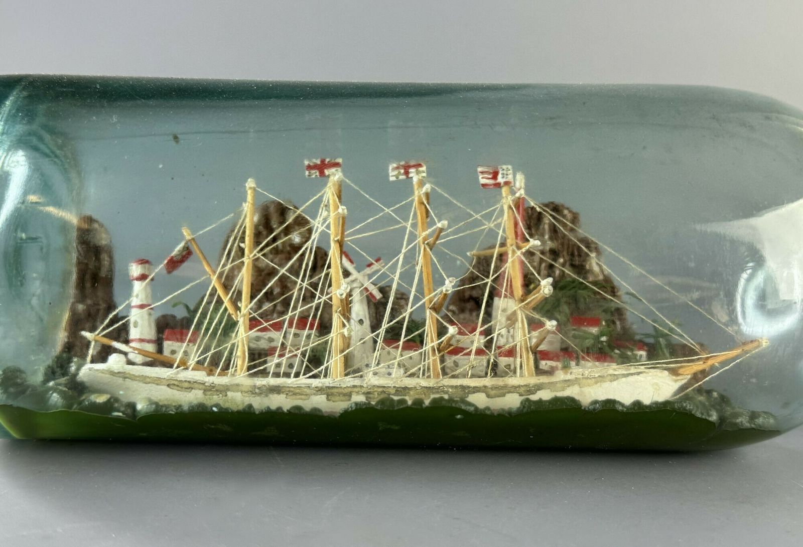 Vintage Folk Art Ship In A Bottle Of A Four Masted Sailing Vessel photo vinterior