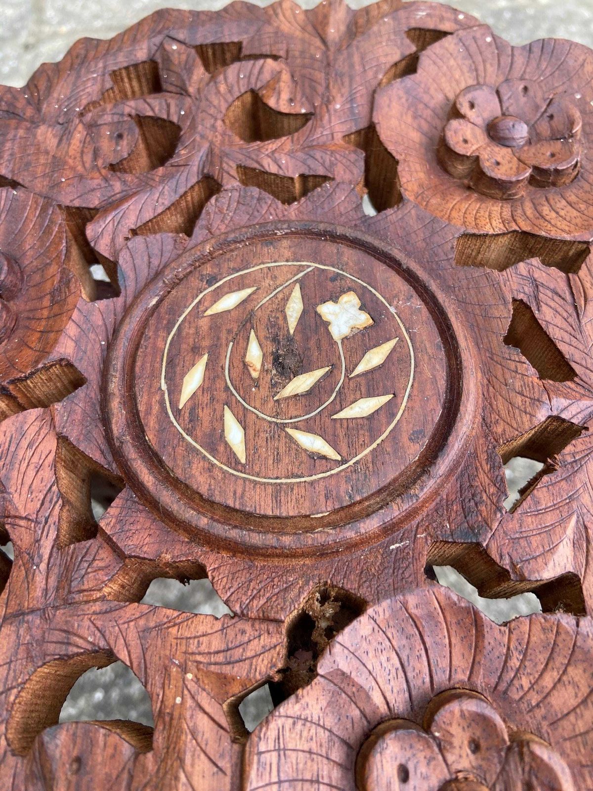 Dinky Carved Vintage Wooden Table, Folding Table, Plant Stand photo vintage