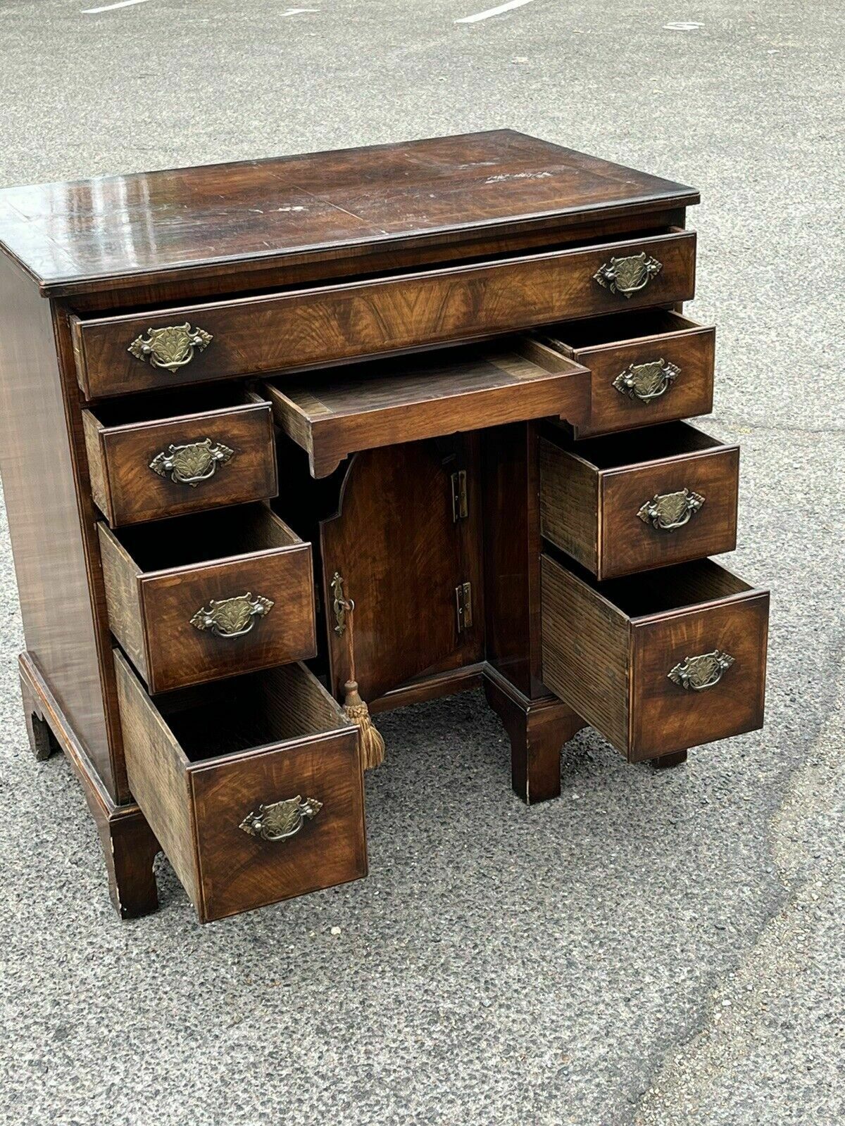 Walnut Kneehole Desk, Bracket Feet With Brass Handles. photo vinterior