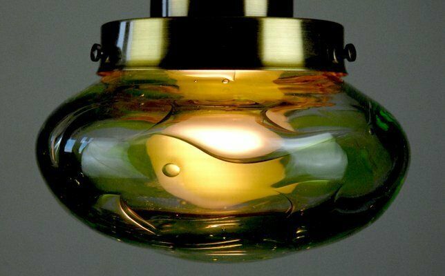 photo for sale Handblown Glass & Brass Pendant Lights By Paul Kedelv For Flygsfors, Sweden, 1970s, Set Of 2