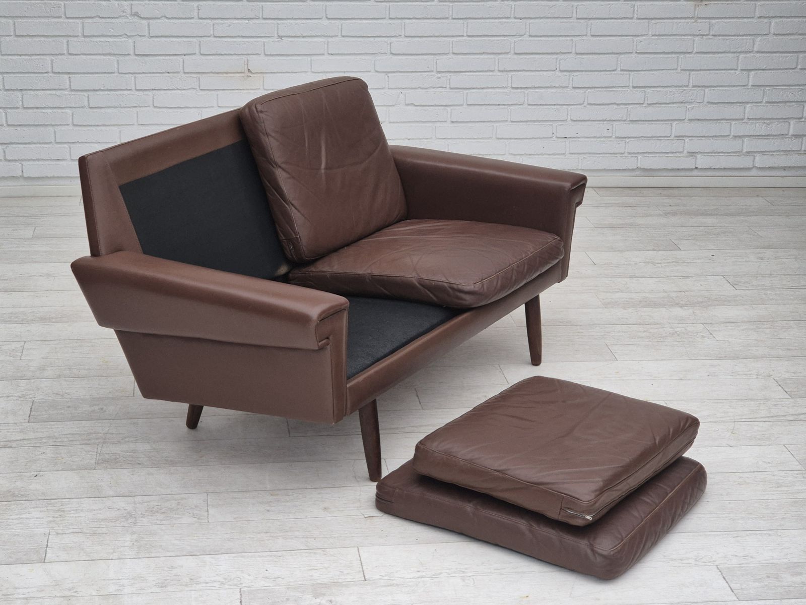 1970s, Danish 2 Seater Sofa, Original Condition, Brown Leather. photo for sale