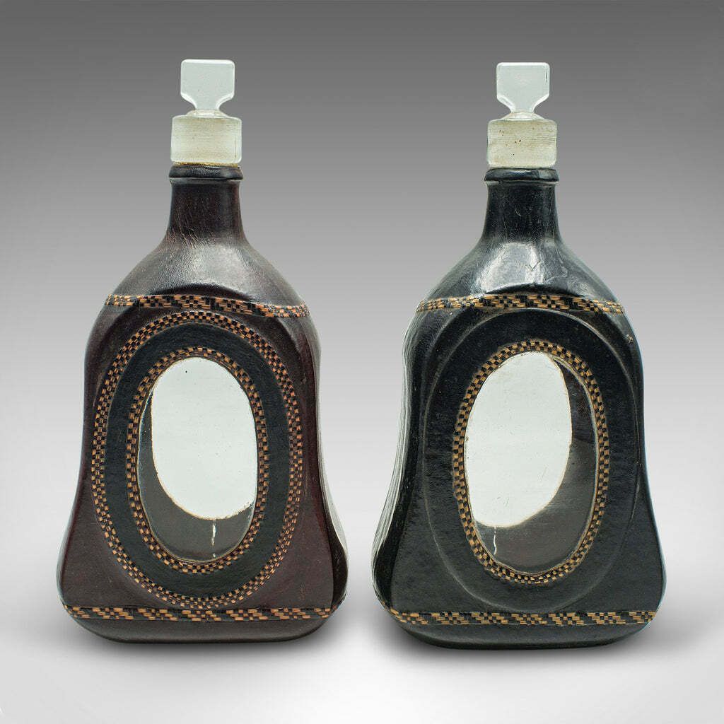 Set Of 4 Antique Spirit Bottles, English, Leather, Glass Decanter, Victorian photo Home Decor