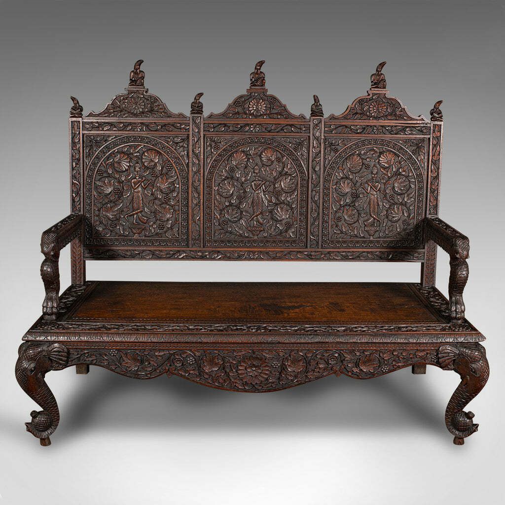 Large Antique Veranda Bench, Ceylon, Teak, 3 Seater, Ornate Seat, Victorian photo furniture