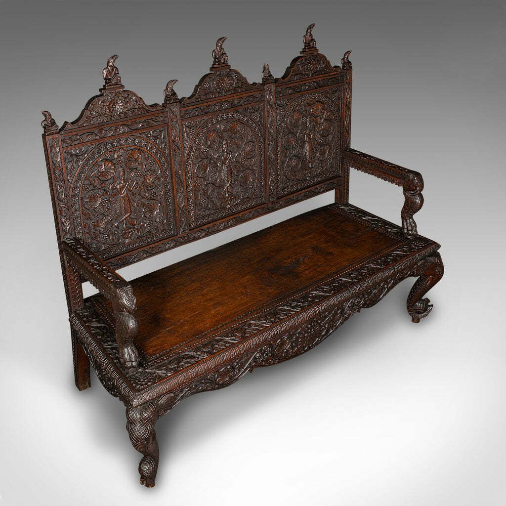 Large Antique Veranda Bench, Ceylon, Teak, 3 Seater, Ornate Seat, Victorian photo vinterior
