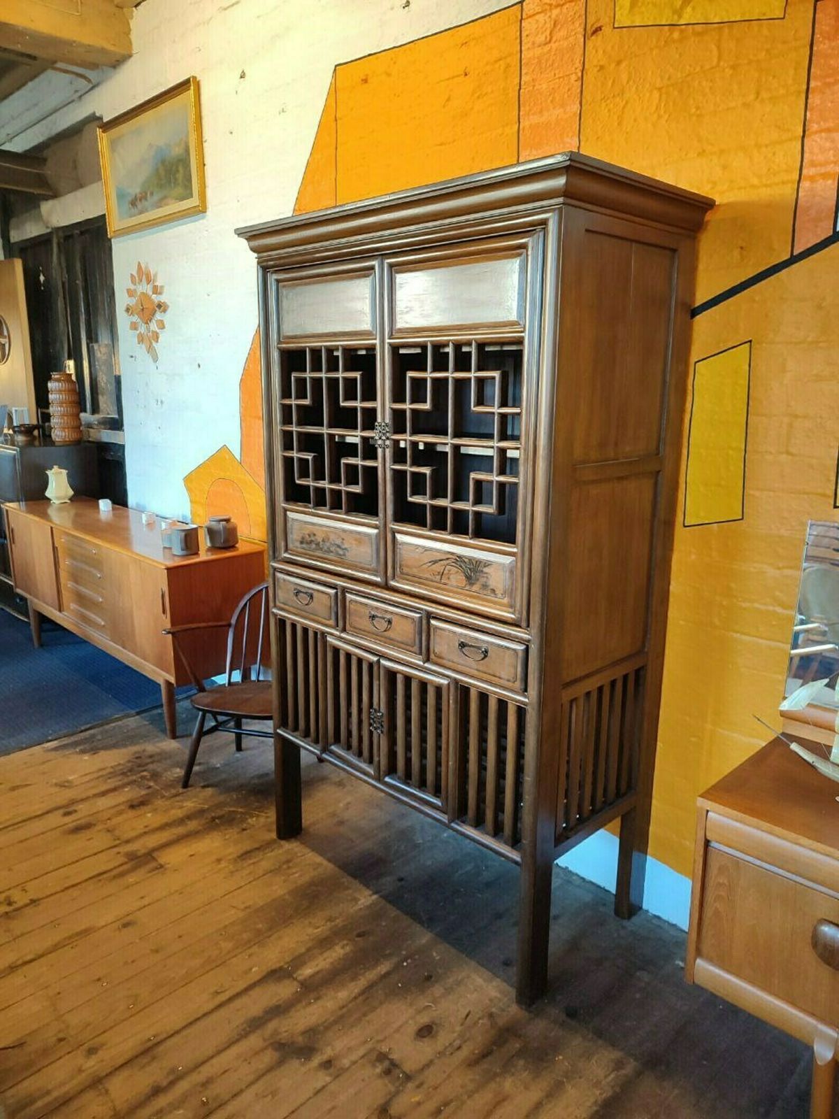 Vintage Qing Dynasty Style Elmwood Cabinet With Fretwork And Floral Motifs