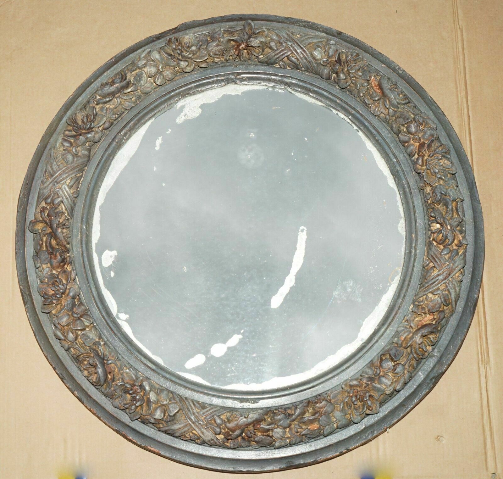 Pair Of Original Antique Foxed Glass Heavily Carved Period Paint Wall Mirrors photo furniture