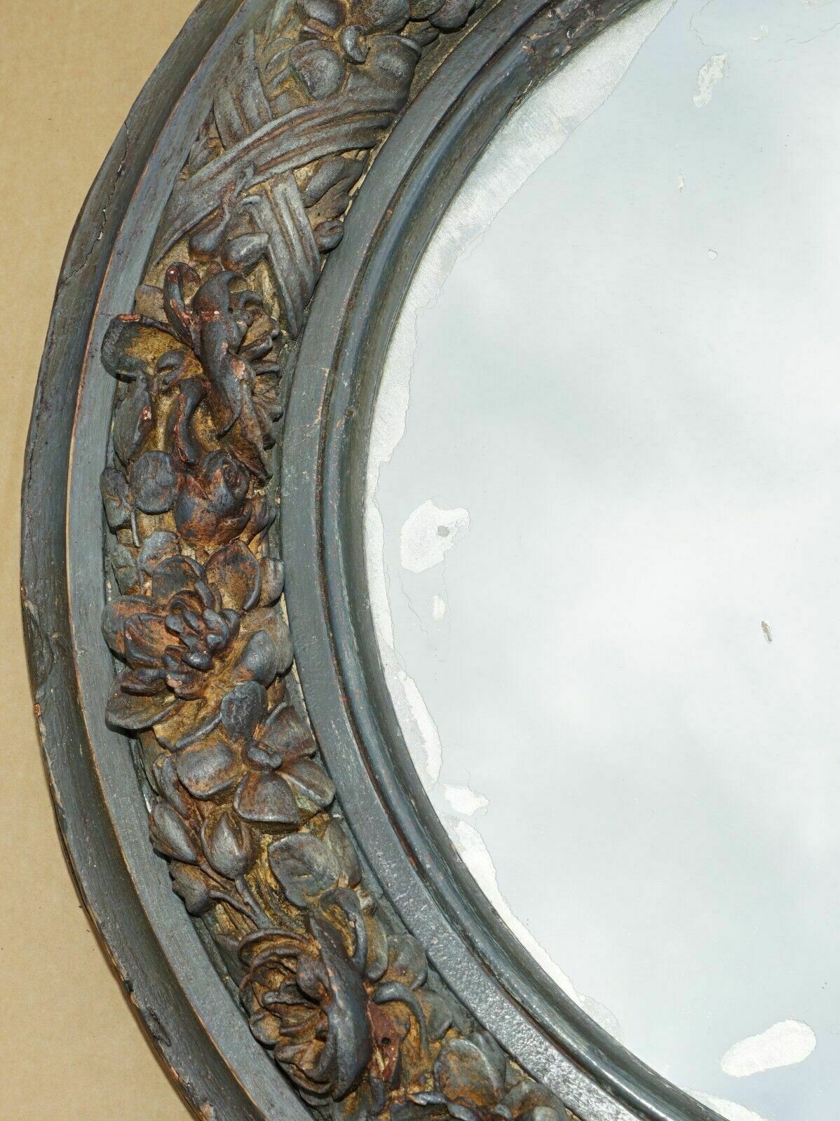 Pair Of Original Antique Foxed Glass Heavily Carved Period Paint Wall Mirrors photo 2850.0
