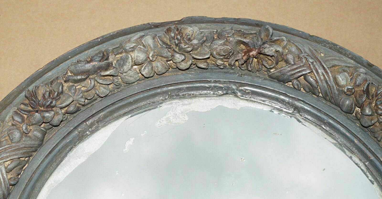Pair Of Original Antique Foxed Glass Heavily Carved Period Paint Wall Mirrors photo buy