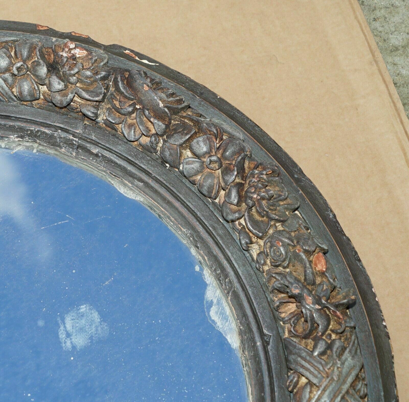 2850.0 Pair Of Original Antique Foxed Glass Heavily Carved Period Paint Wall Mirrors photo