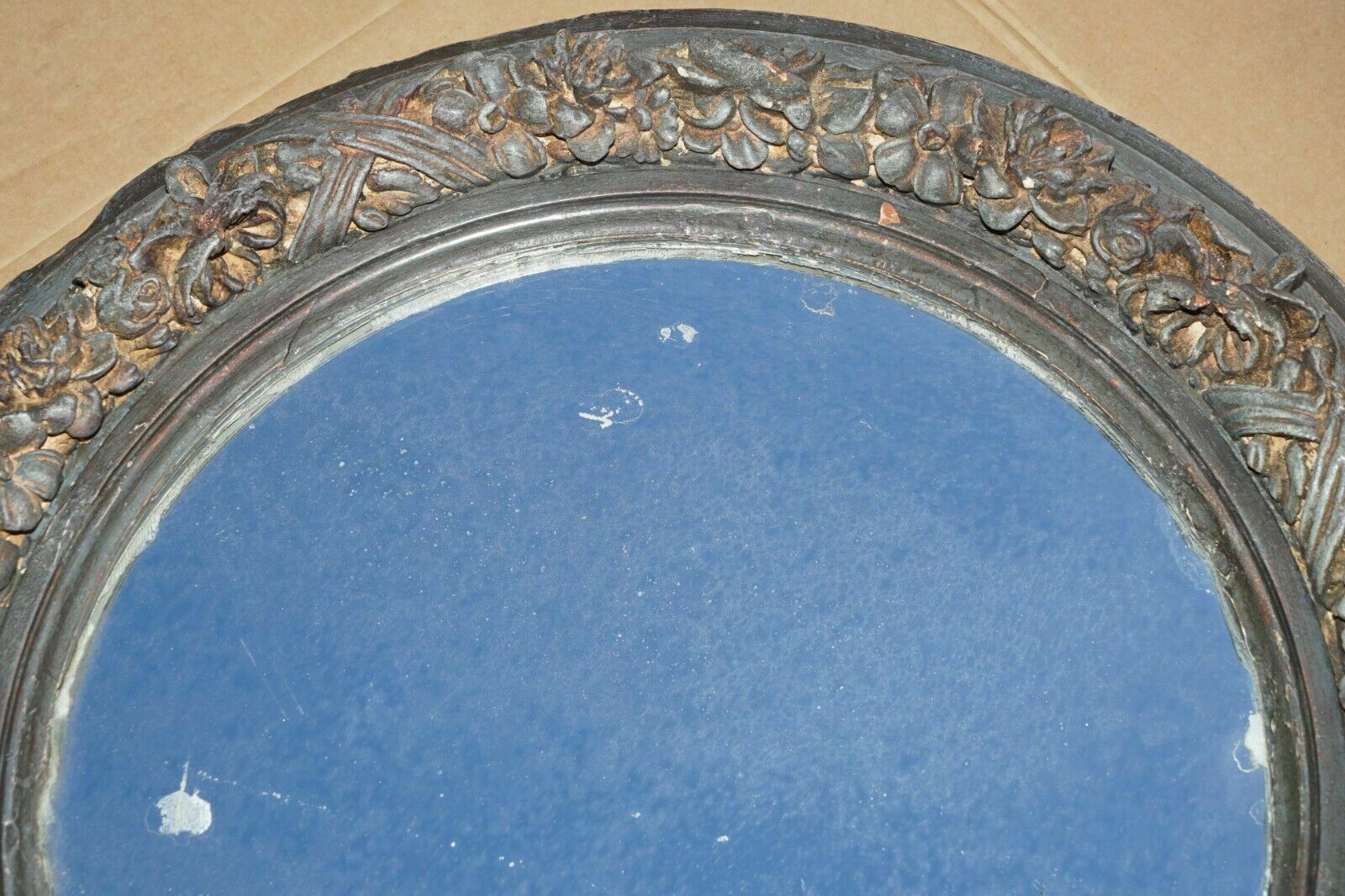 photo vintage Pair Of Original Antique Foxed Glass Heavily Carved Period Paint Wall Mirrors