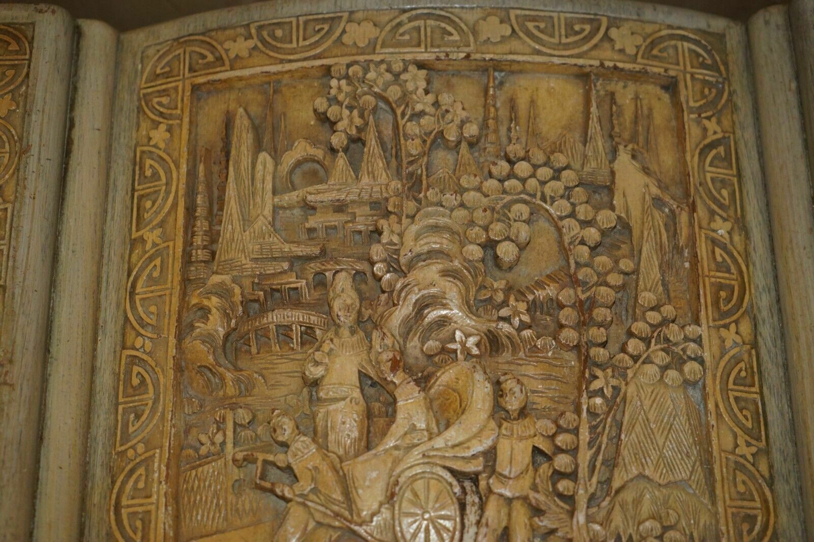 photo for sale Antique Circa 1920's Chinese Export Heavily Carved Camphor Wood Linen Toy Chest