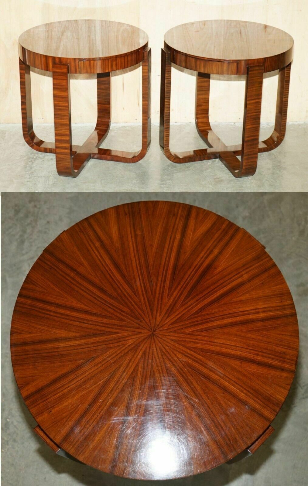 Pair Of Ralph Lauren Single Drawer Round Macassar Table Side Occasional Tables