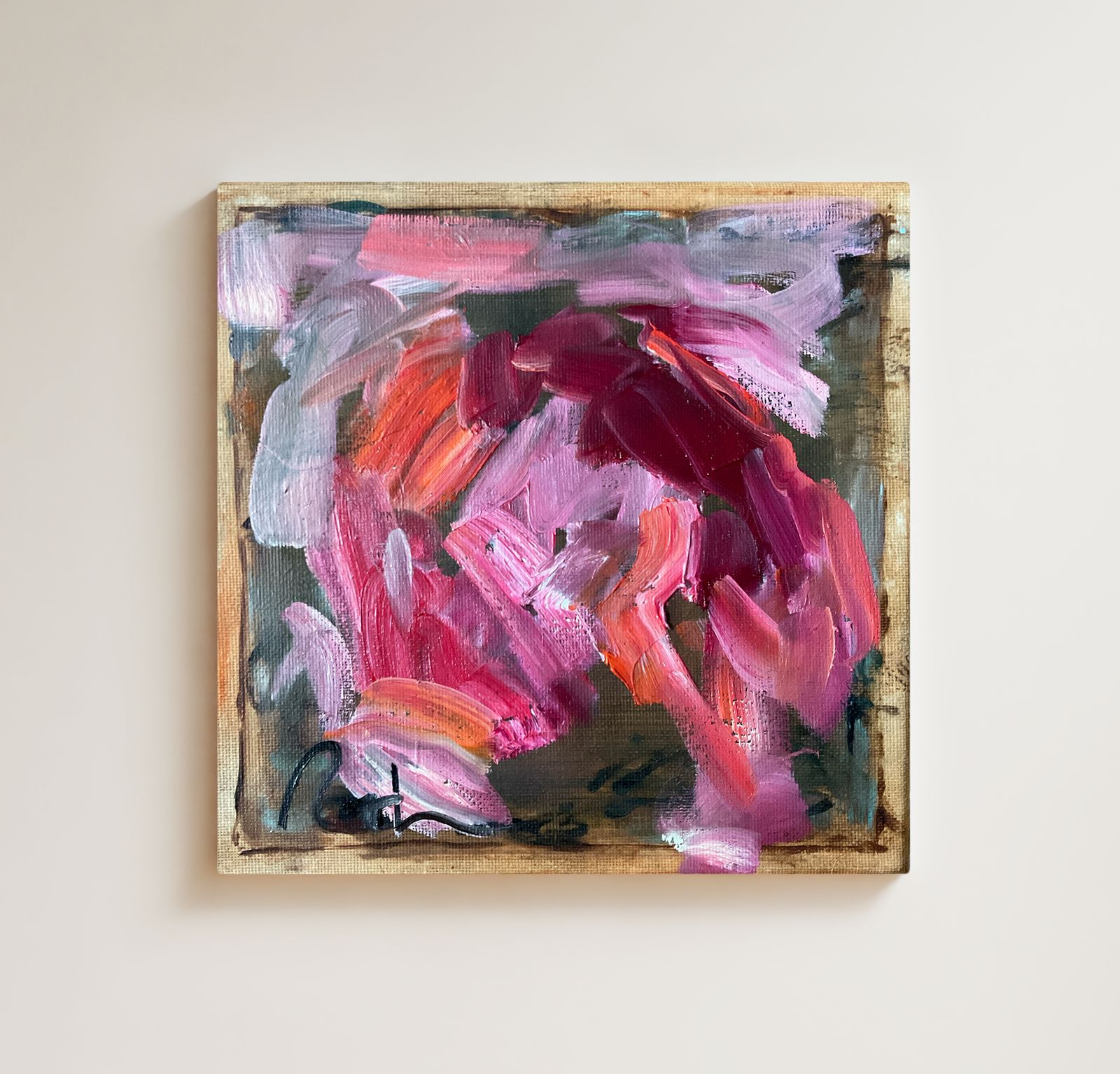 Original Oil Painting Pink Red Abstract Roth 8 X 8 Inches Art Gift Contemporary