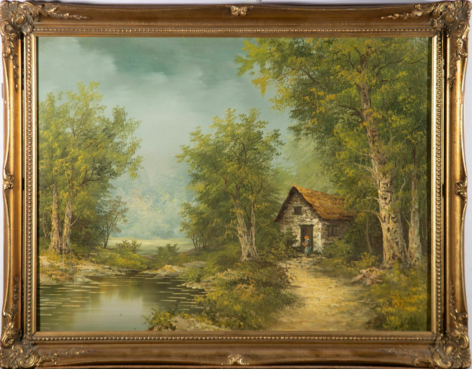 Early 20th Century Oil Cottage By A Woodland Pond