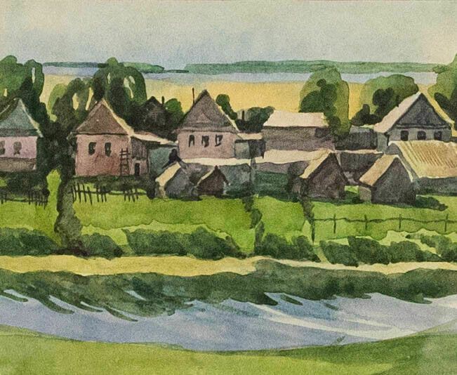 Russian School  20th Century Watercolour Houses On The River photo furniture