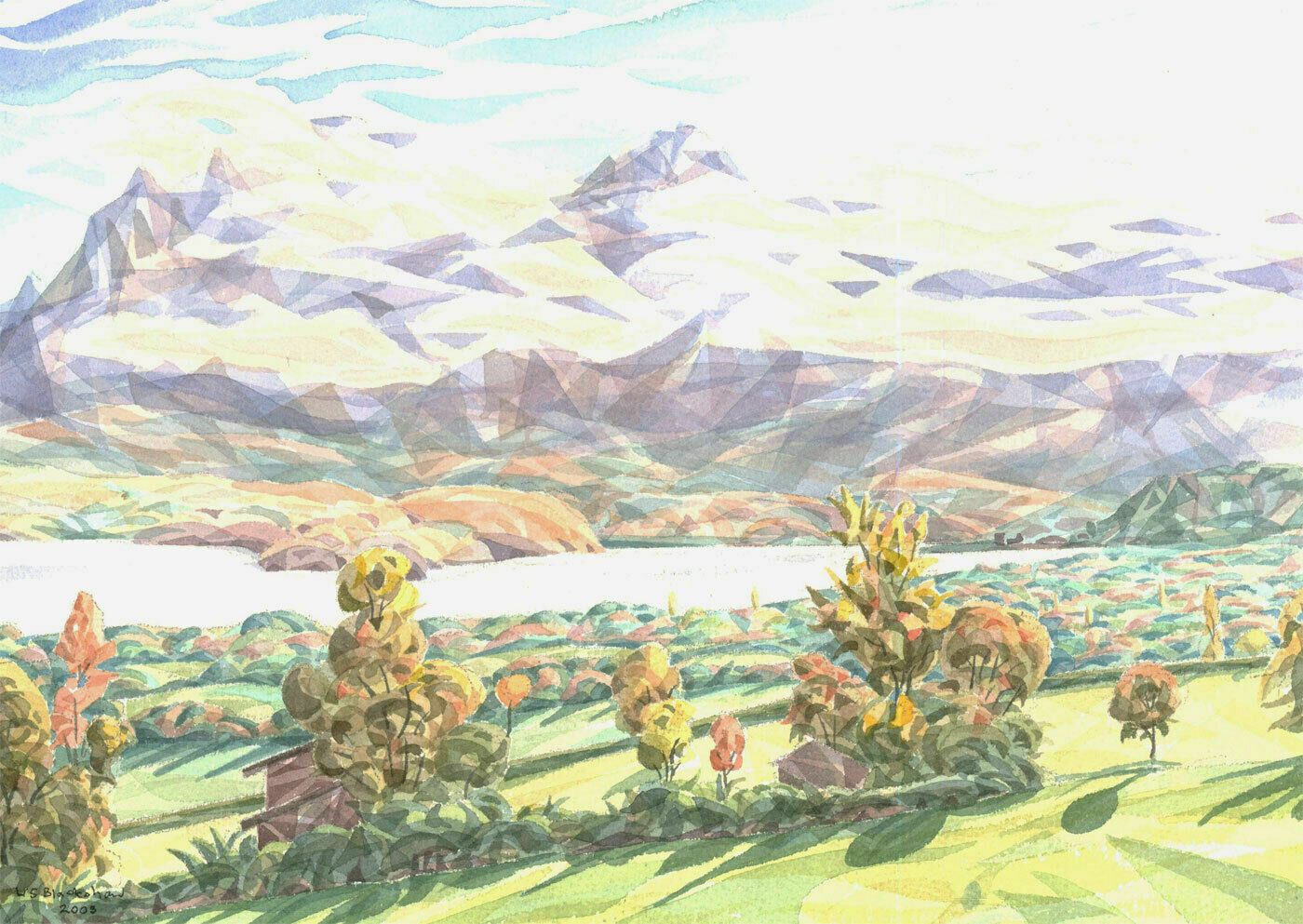 W.S. Blackshaw Cubist Contemporary Watercolour, Mountain Landscape