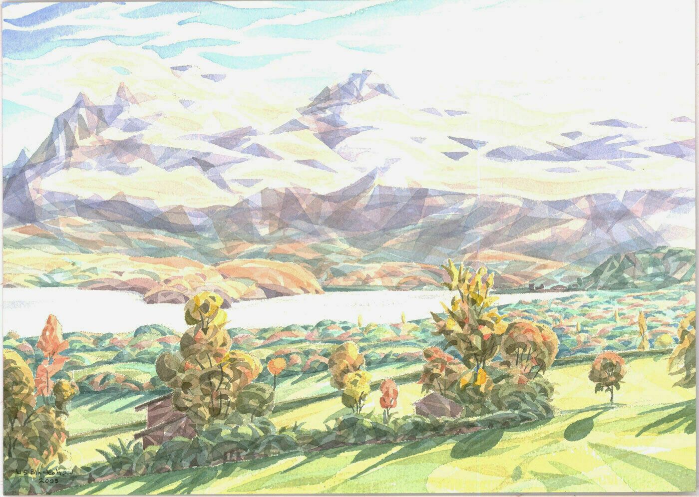 W.S. Blackshaw Cubist Contemporary Watercolour, Mountain Landscape photo furniture