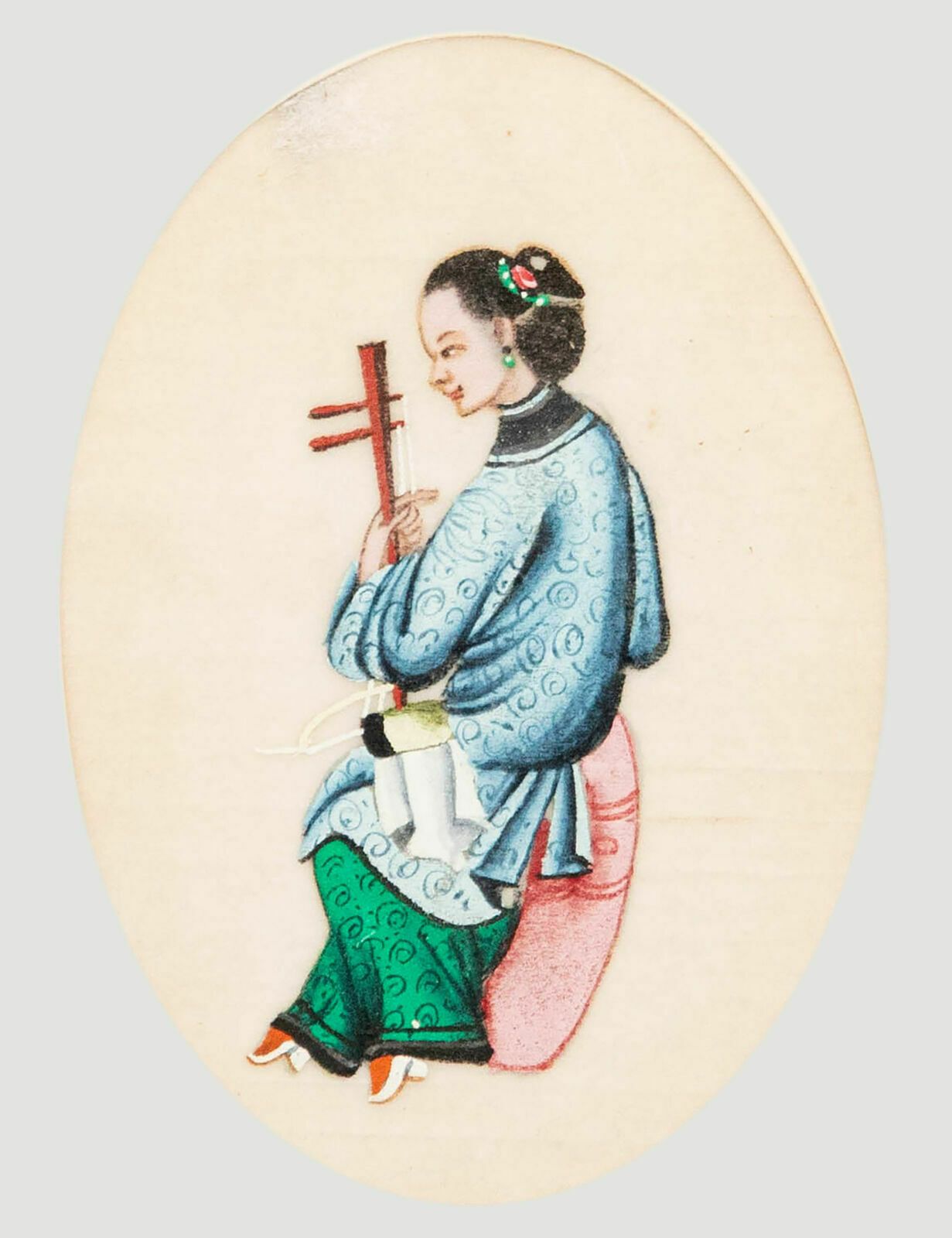 Chinese School 19th Century Watercolour Lady Playing A Jinghu photo furniture