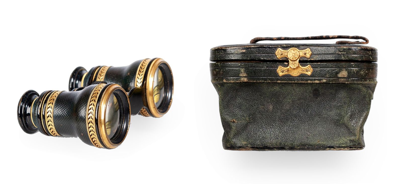 1910s Art Nouveau Lemaire Like Gilt Brass Expandable Sportier Binoculars/Opera Glasses With Leather Case, France
