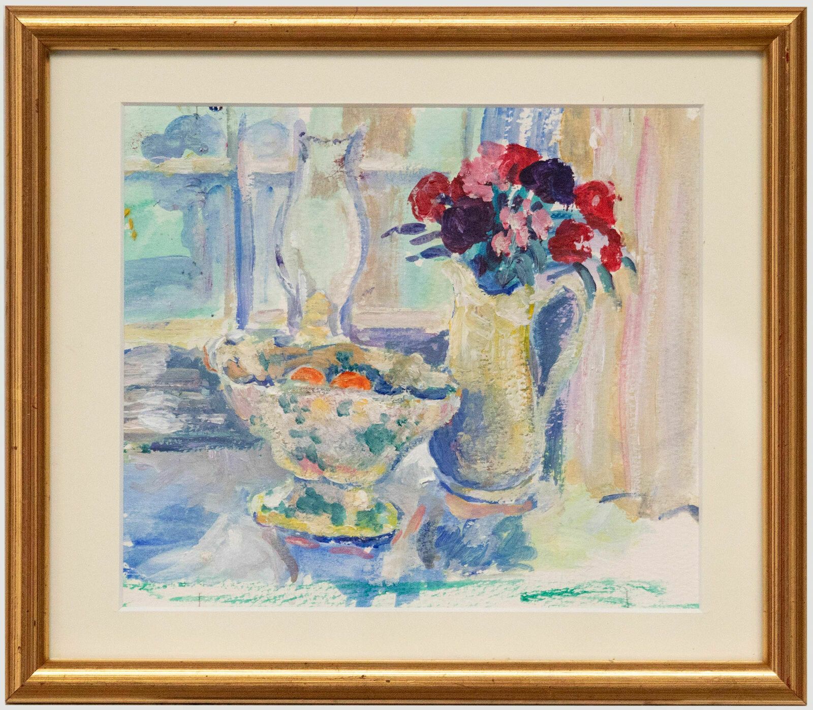 Rose Hughes Framed Contemporary Oil, Still Life Of Jug Flowers & Fruit