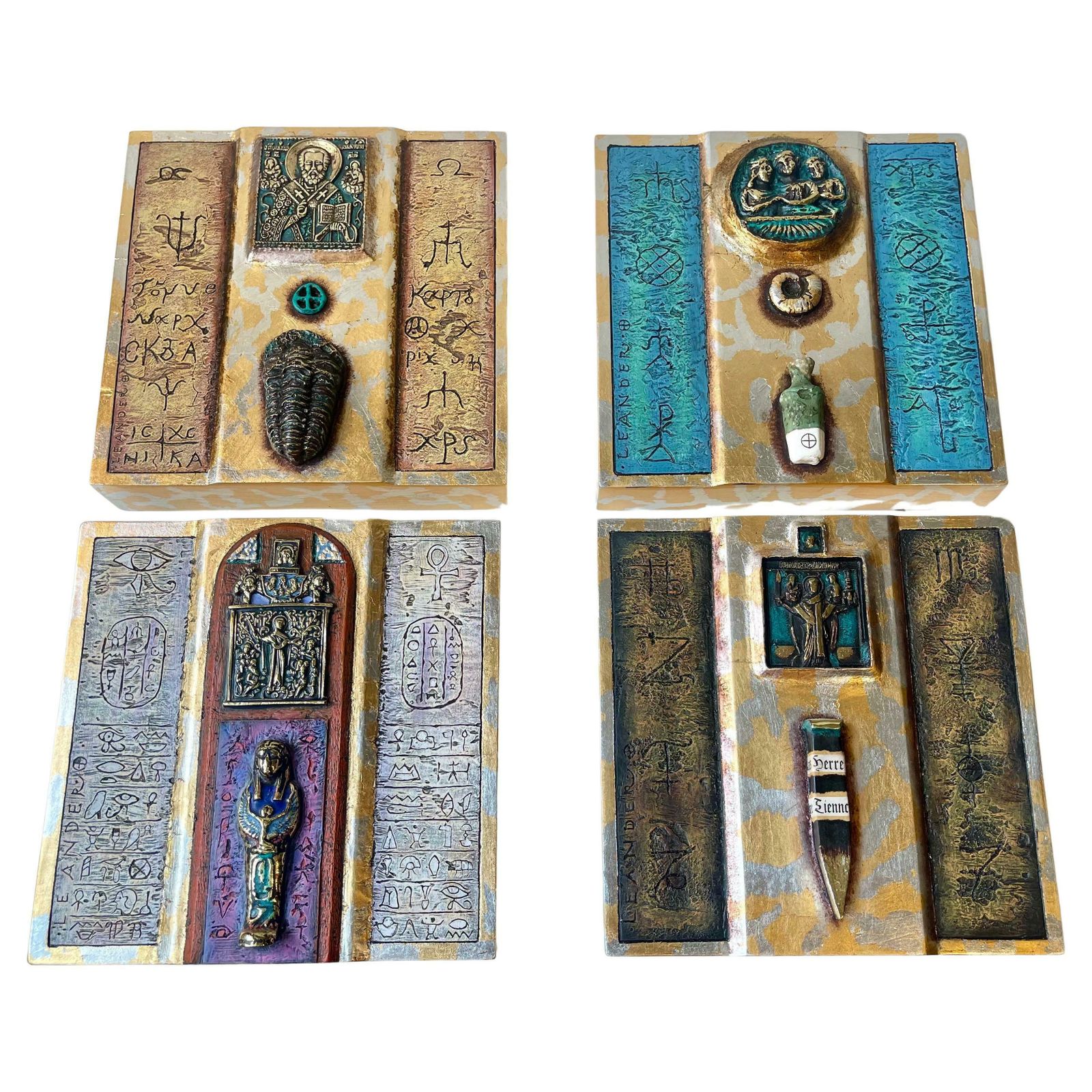 Modern Eclectic Icons In Ceramic & Bronze, Wall Hung, Set Of 4