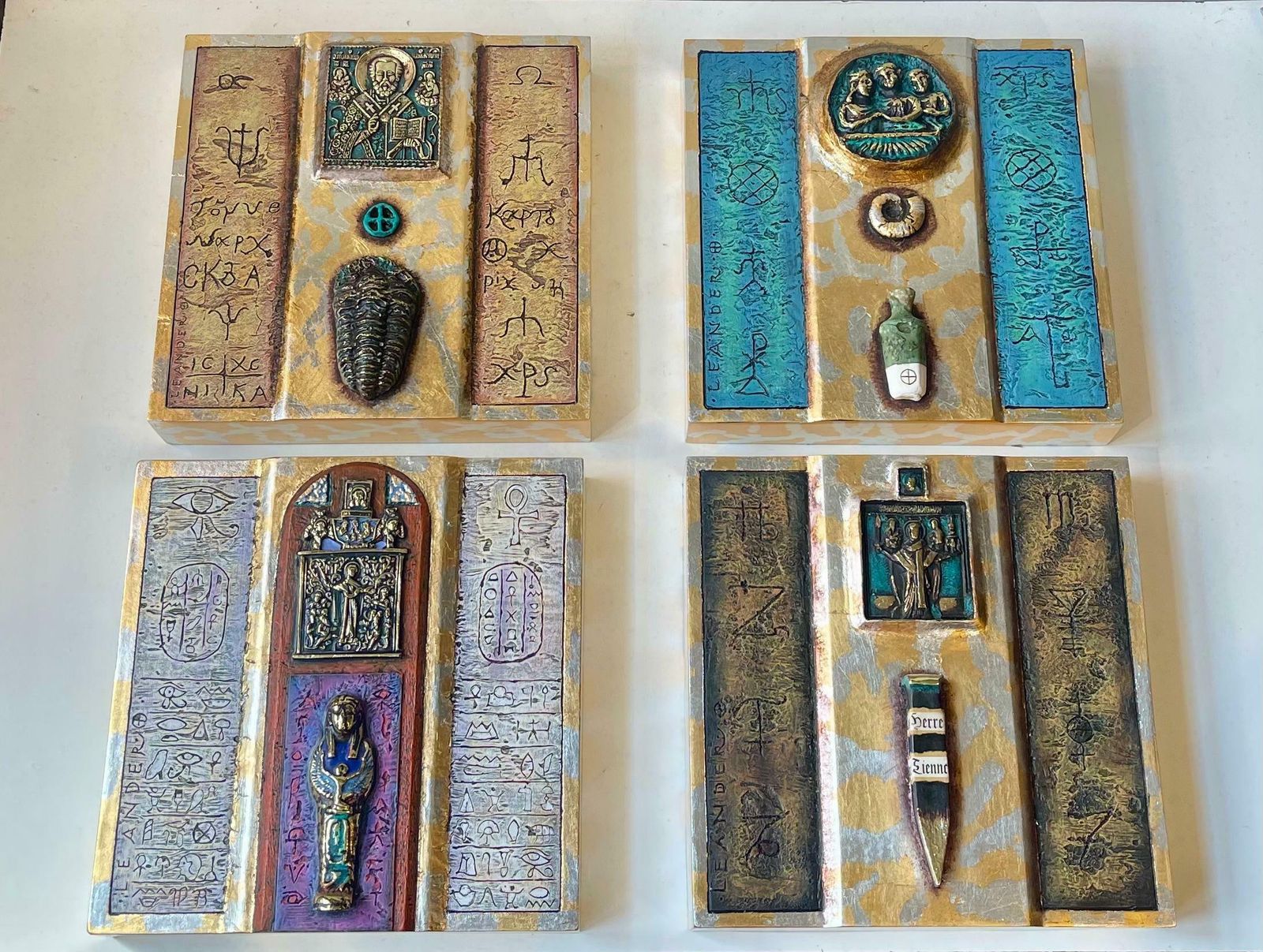 Modern Eclectic Icons In Ceramic & Bronze, Wall Hung, Set Of 4 photo furniture