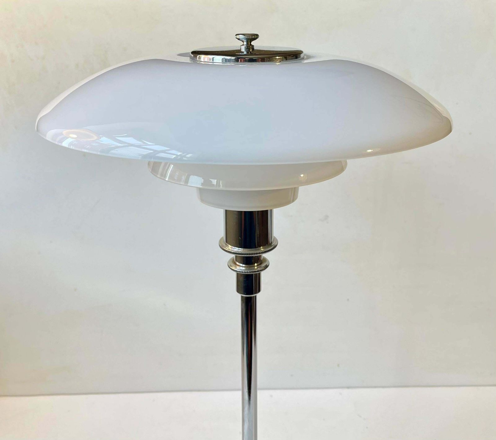 photo for sale Vintage Louis Poulsen Ph 3/2 Table Lamp In Chrome & Opaline Glass