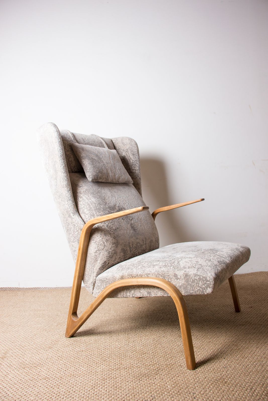 Large High Armchair In Curved Beech And Recent Fabric Konkav Model By Paul Bode For Federholz photo buy