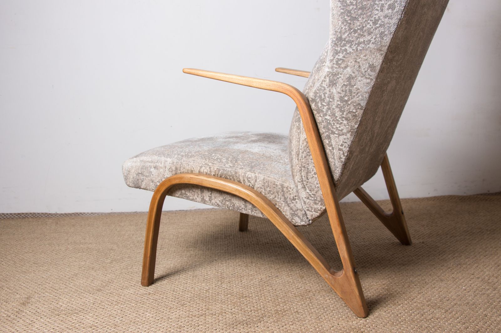 Furniture Large High Armchair In Curved Beech And Recent Fabric Konkav Model By Paul Bode For Federholz photo