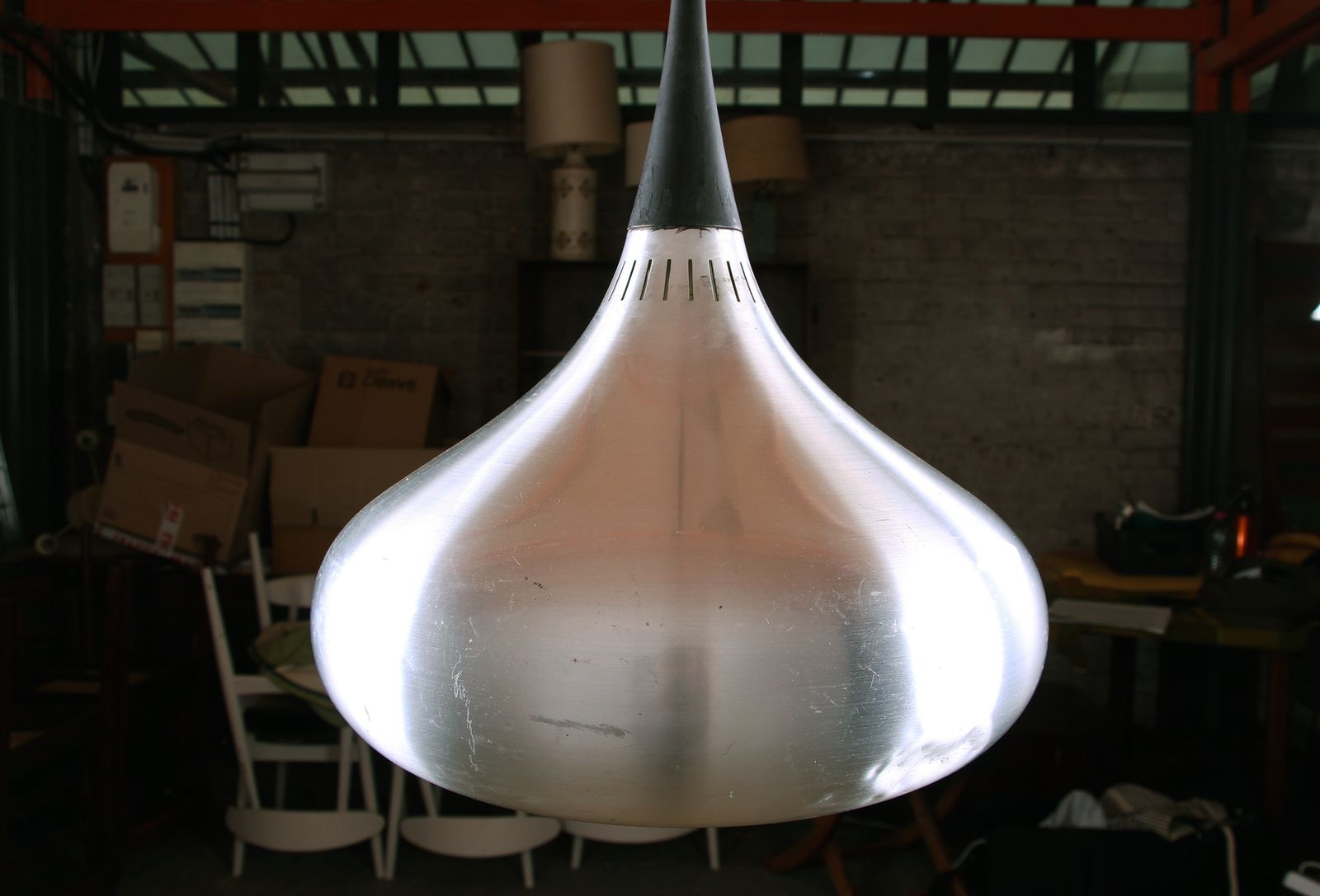 Large Danish Chrome Metal Pendant Light, Orient Model By Jo Hammerborg For Fog & Morup 1960. photo for sale