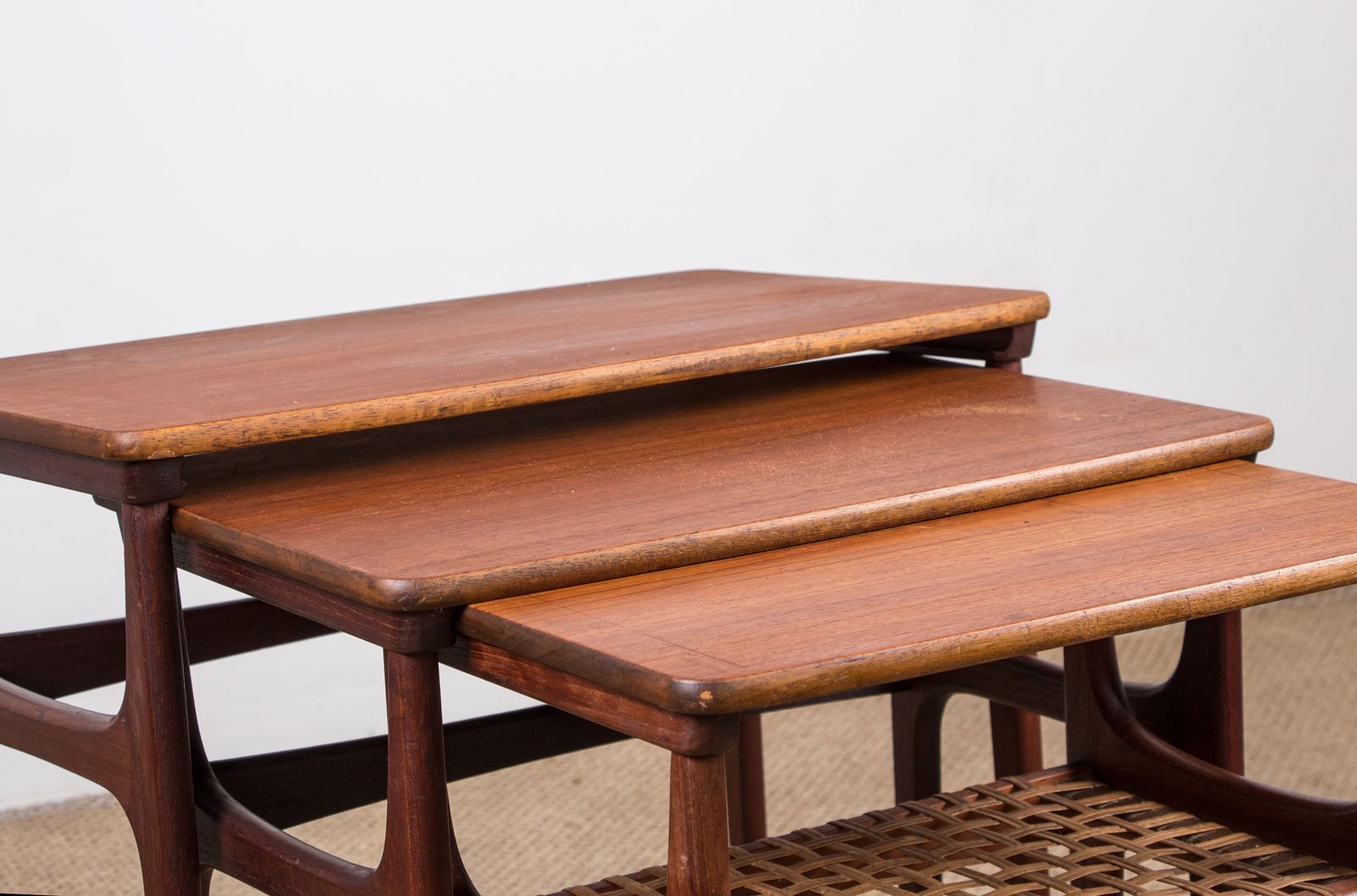 Set Of Three Danish Nesting Tables In Teak And Cane By Erling Torvits For Heltborg Mobler 1960 photo for sale