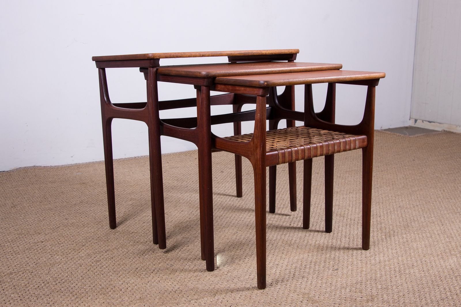 Set Of Three Danish Nesting Tables In Teak And Cane By Erling Torvits For Heltborg Mobler 1960 photo Furniture