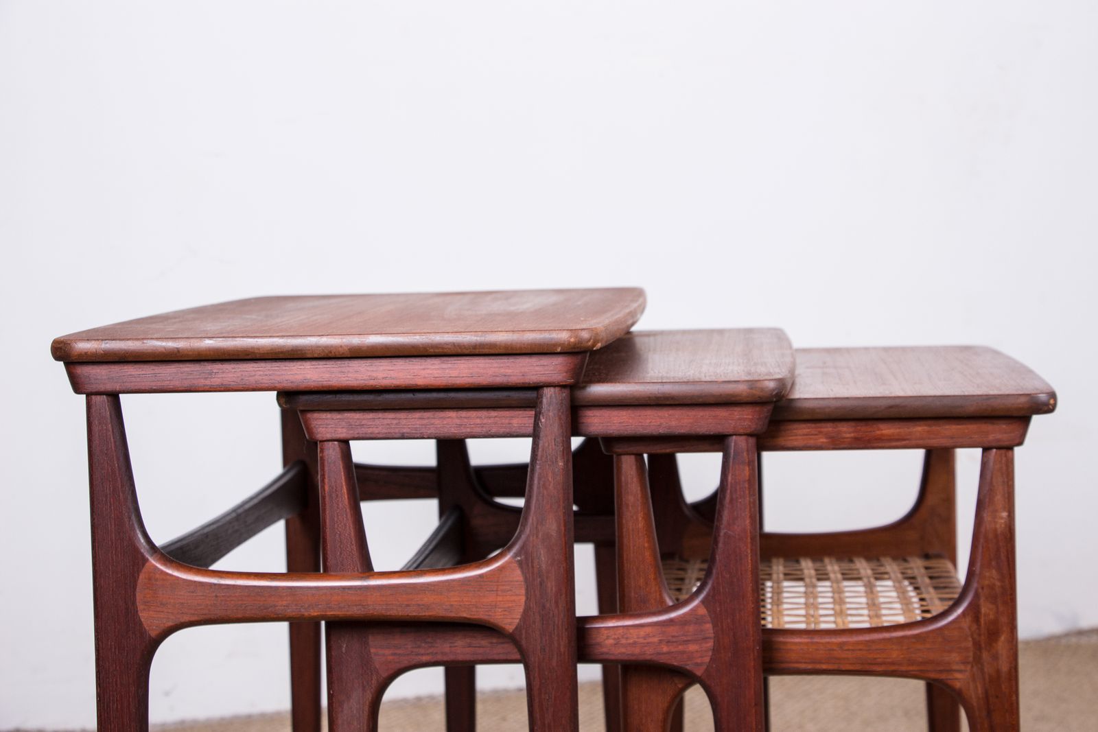 Set Of Three Danish Nesting Tables In Teak And Cane By Erling Torvits For Heltborg Mobler 1960 photo buy