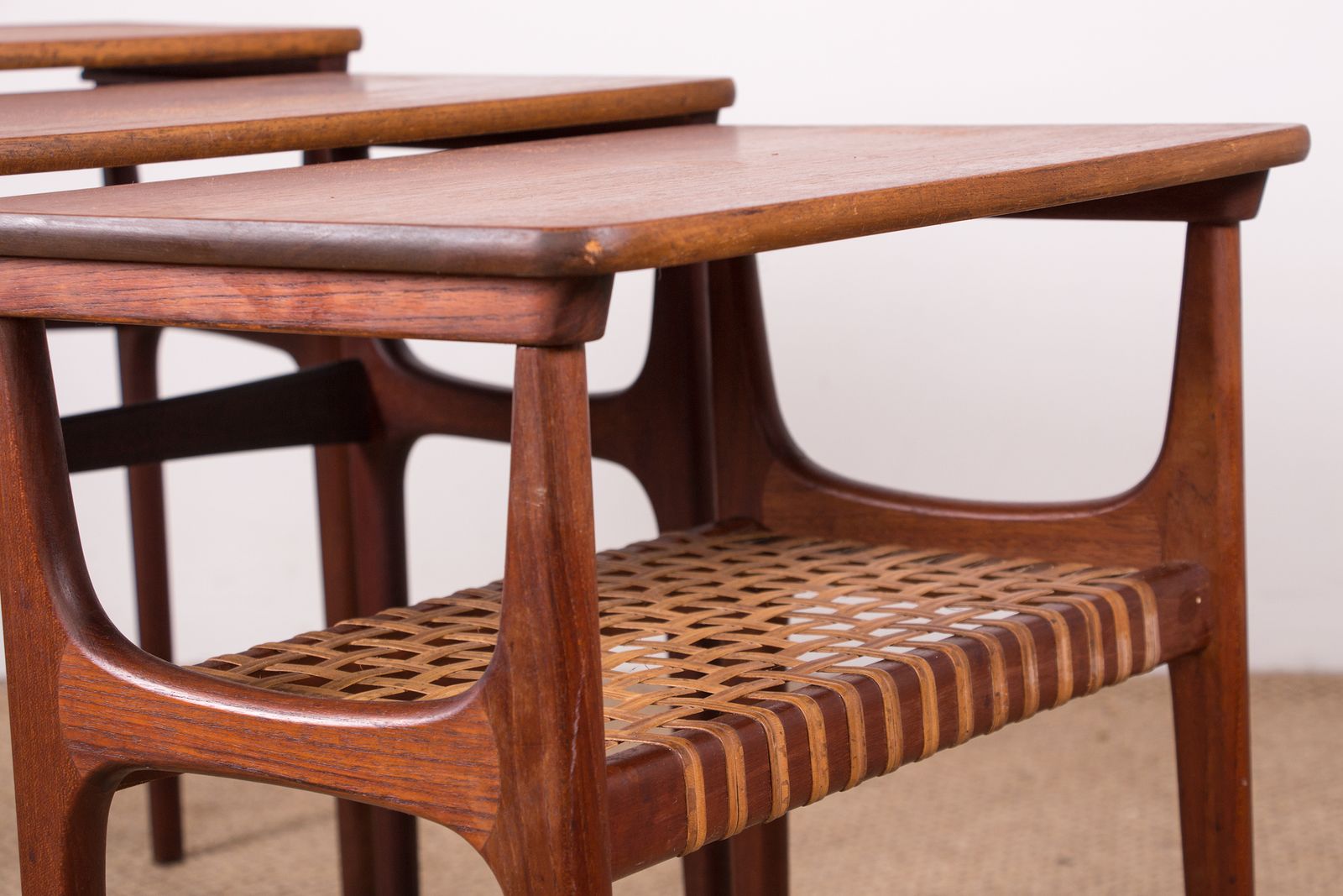 Furniture Set Of Three Danish Nesting Tables In Teak And Cane By Erling Torvits For Heltborg Mobler 1960 photo