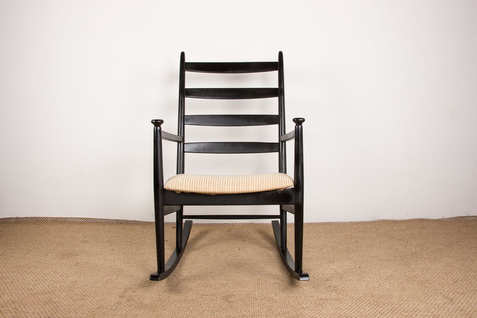 Danish Rocking Chair, In Lacquered Teak And Fabric Model 218 By Thomas Harlev For Farstrup Savvaek 1960.