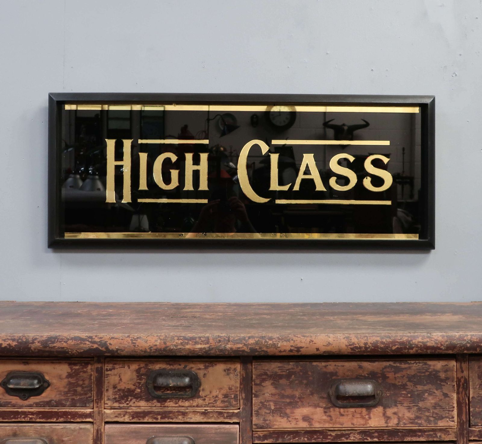 'High Class' Reverse Painted Gilt Glass Trade Sign photo for sale