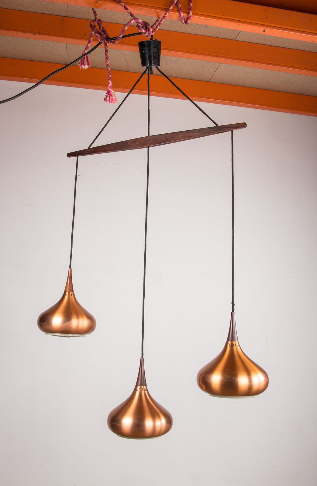 Large Danish Triple Pendant Lamp In Metal And Rosewood, Orient Model, By Jo Hammerborg For Fog & Mørup 1965. photo buy