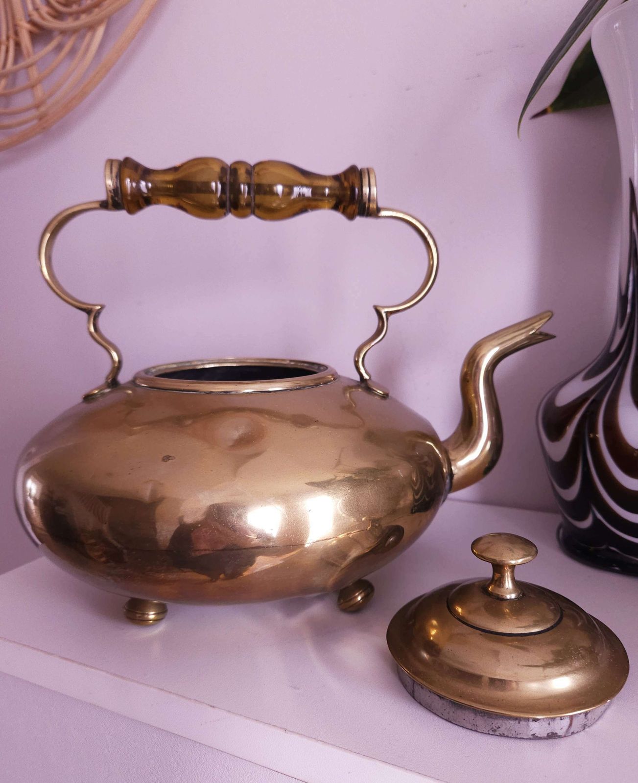 Antique Brass Kettle With Amber Glass Handle By J. Clews Of Birmingham photo for sale